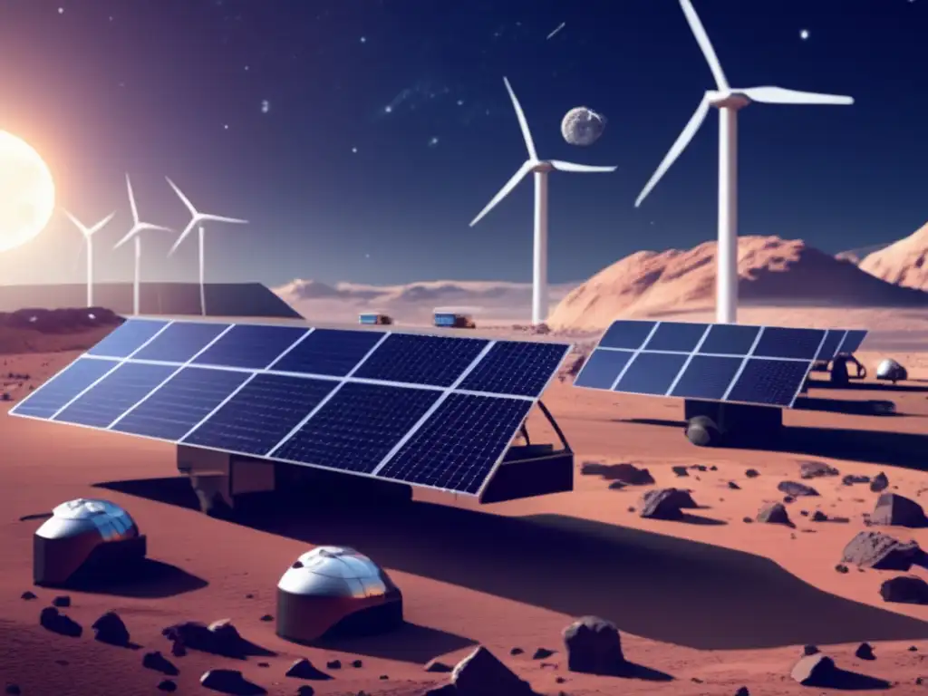 Astatic scene of an asteroid mining operation, powered solely by sustainable energy solutions