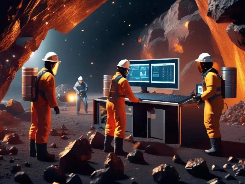 A thrilling scene of high-tech miners in spacesuits, riskily extracting resources from asteroids in a mining chamber