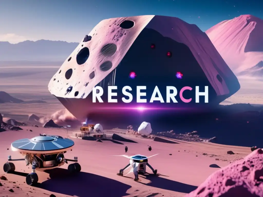 An advanced mining and terraforming drone flies towards a pink and blue building on an asteroid, its word 'RESEARCH' carved on its facade
