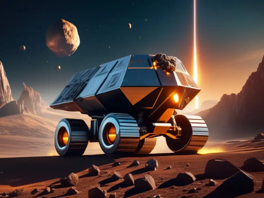 In this photorealistic depiction of an asteroid, a solitary mining vehicle stands atop, casting shadows in the dim light