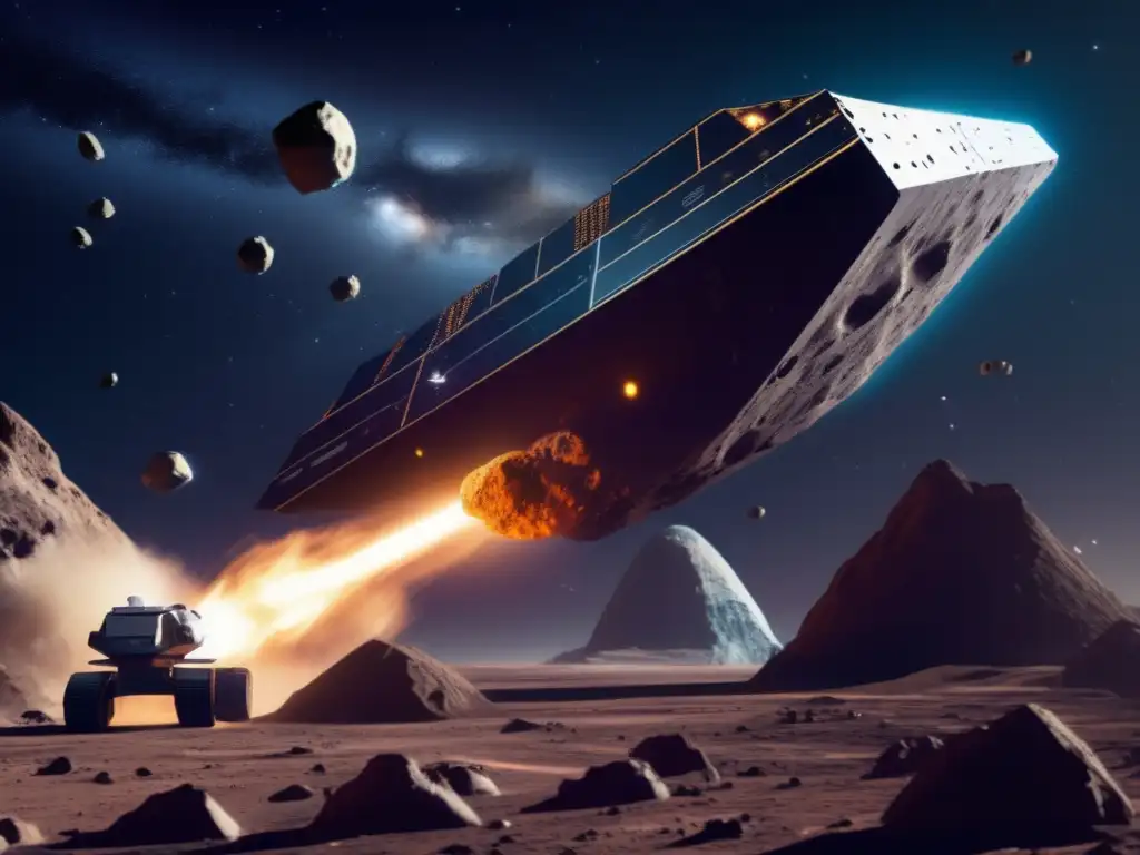 An asteroid mining operation in full swing, with a photorealistic mining vessel extracting resources from an asteroid