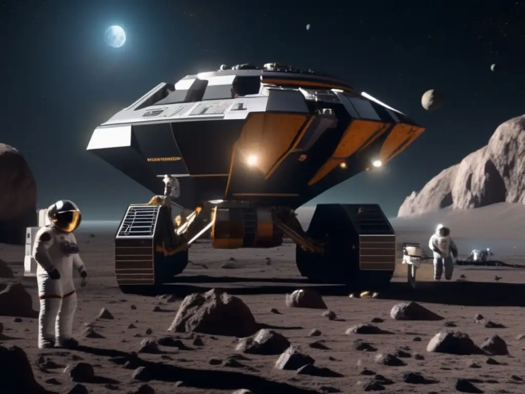 Mammoth asteroid mining vessel anchored in an asteroid belt, surrounded by astronauts in hard suits, examining and collecting valuable resources