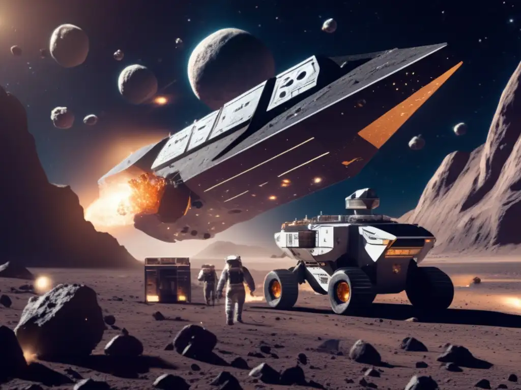 A stunning photorealistic image of an asteroid mining vessel in action, with crew members diligently working to refine debris collected from asteroids