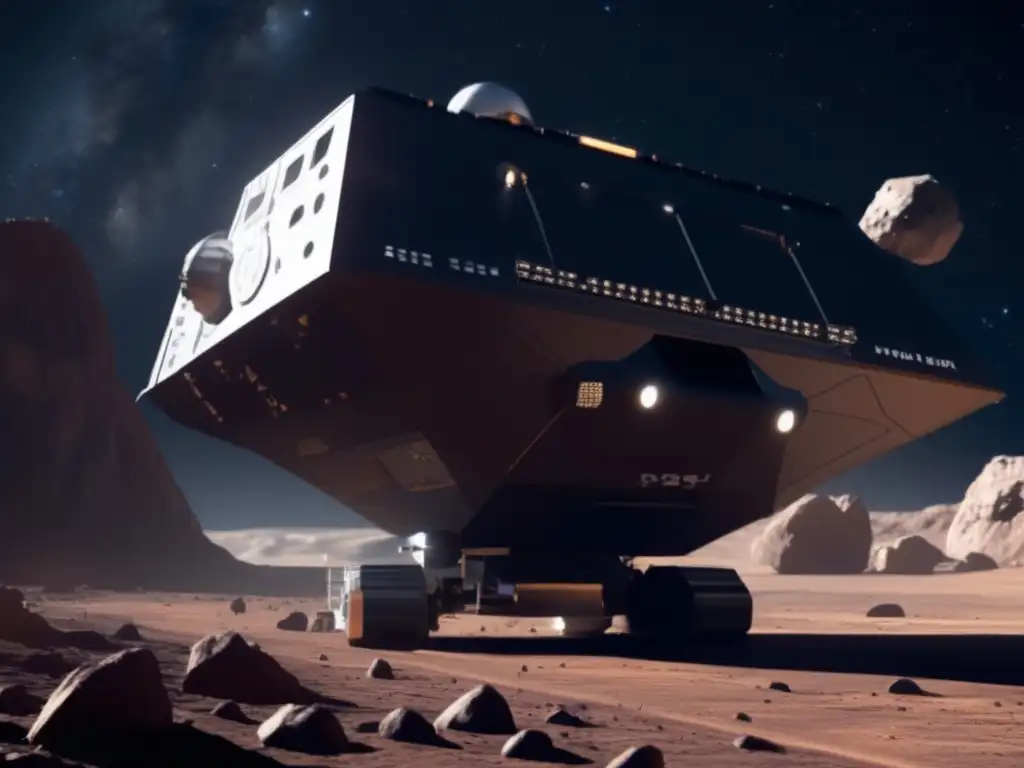 A futuristic asteroid mining vessel docks with a large, contrasting asteroid in space