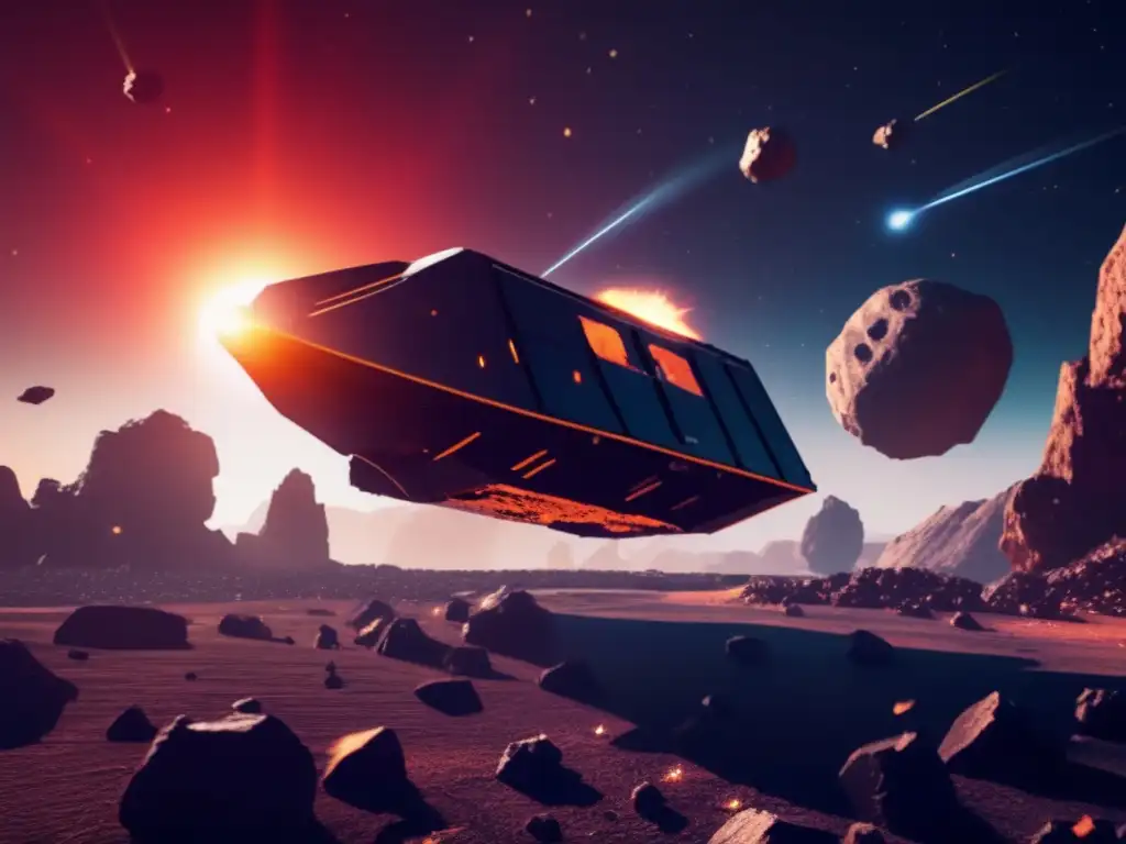 An asteroid mining vessel, the 'Astrotrucker', blazes through a field of rocky asteroids