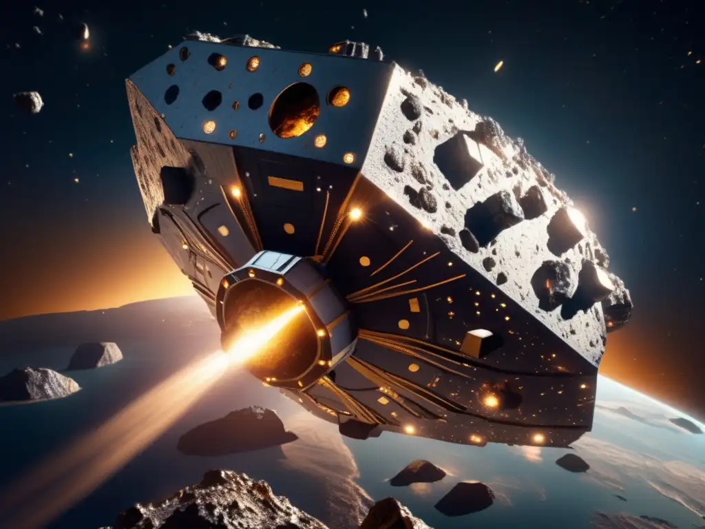 An breathtaking image of an asteroid mining vessel in space, leading a fleet of smaller miners in pursuit of precious ore