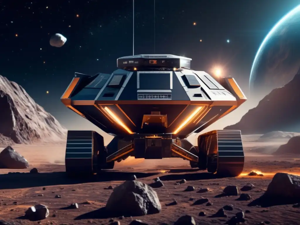 A stunning photorealistic image of a futuristic asteroid mining vessel skillfully extracting valuable resources from the asteroid surface against a backdrop of a deep cosmic landscape