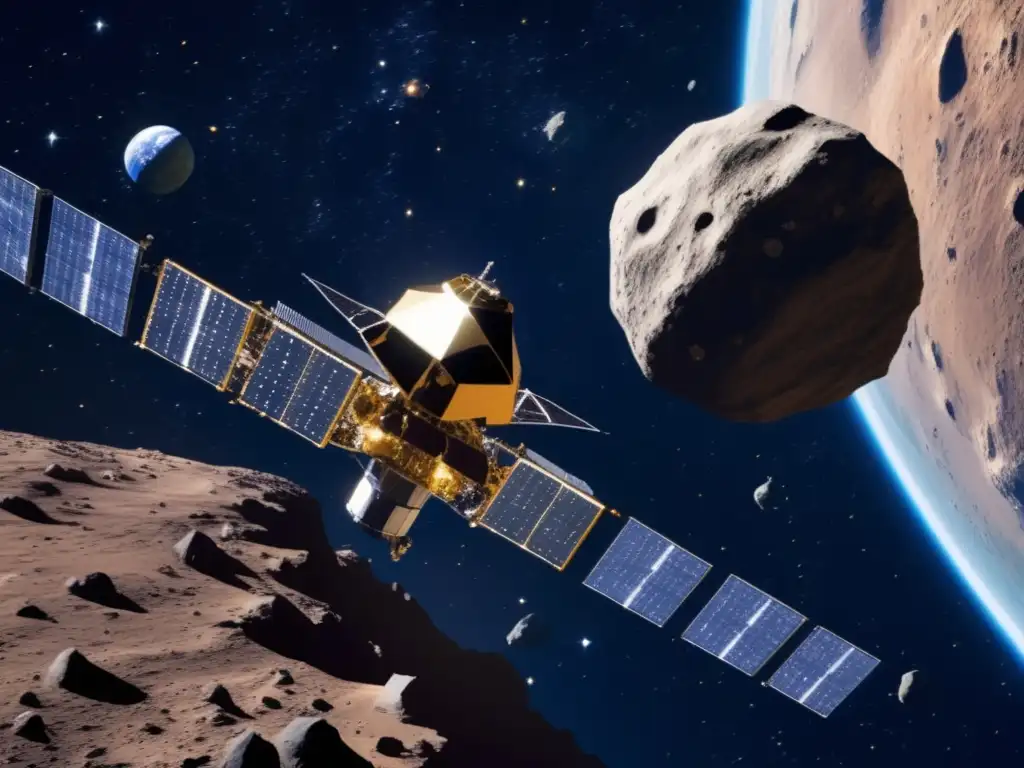 A breathtaking satellite view of Earth's asteroid belt reveals a state-of-the-art mining vessel and a diverse array of extraction arms at work, extracting scarce minerals from a suitable asteroid