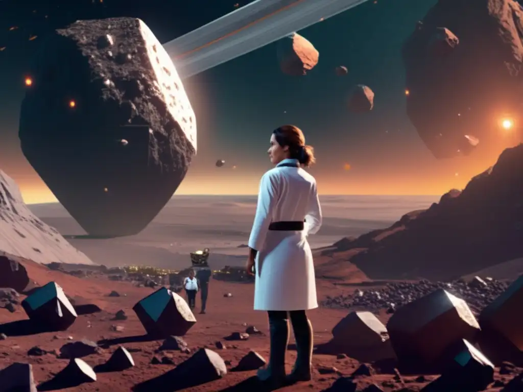 A woman in a lab coat confidently stares at the vast asteroid field