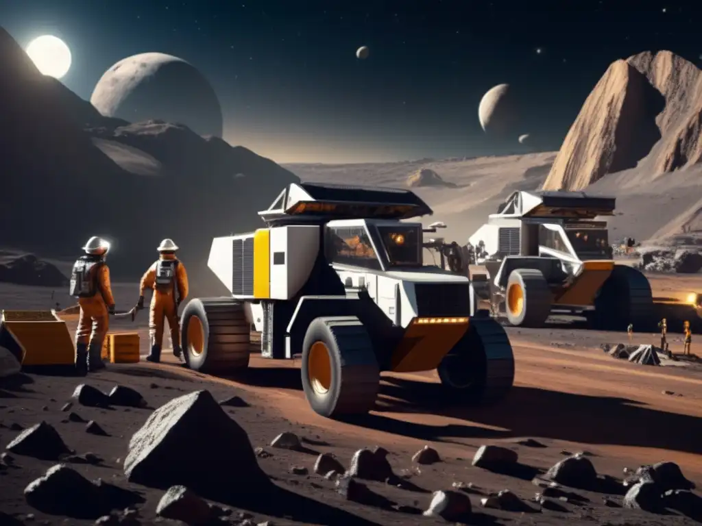 A captivating photorealistic depiction of miners on an asteroid mining site, working tirelessly to extract resources from the dark, moonlike landscape