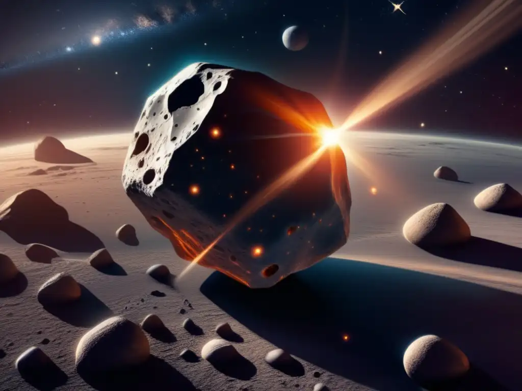A photorealistic portrayal of an asteroid in space, with detail-enhanced glossy rocks, and intricate patterns reminiscent of its unique features
