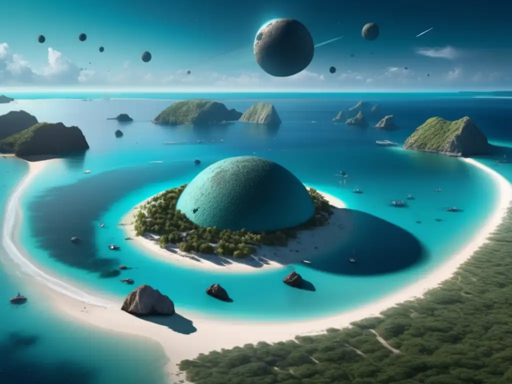   An eerie, photorealistic composite of a deserted island surrounded by sapphire waters, an ominous asteroid looms above