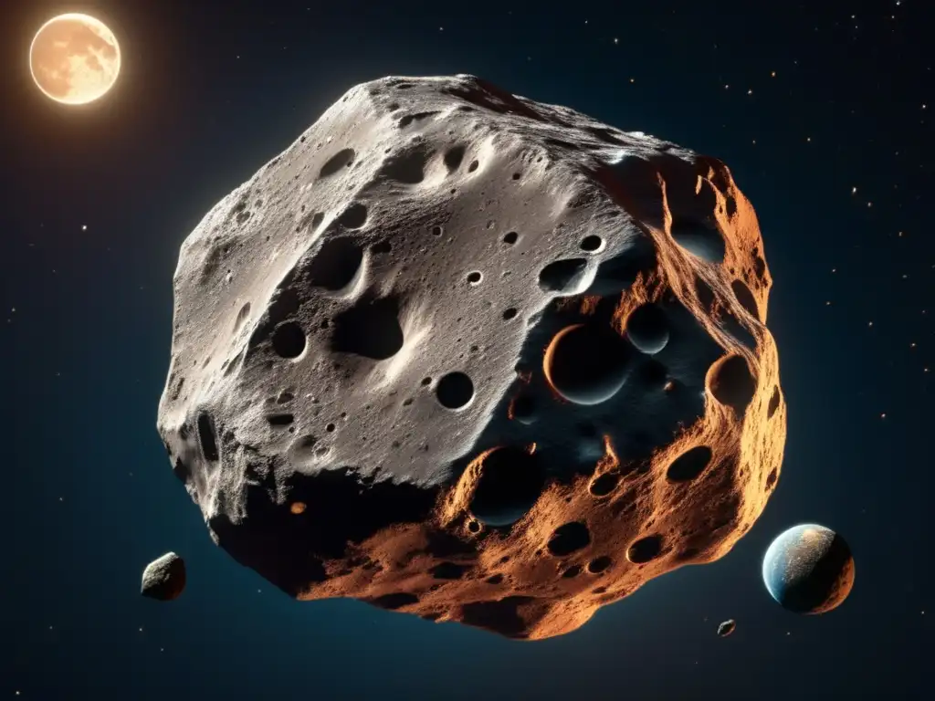 A highly detailed, photorealistic image of an asteroid, with a naturalistic color palette and realistic textures and lighting, hovering closest to the Moon and Earth
