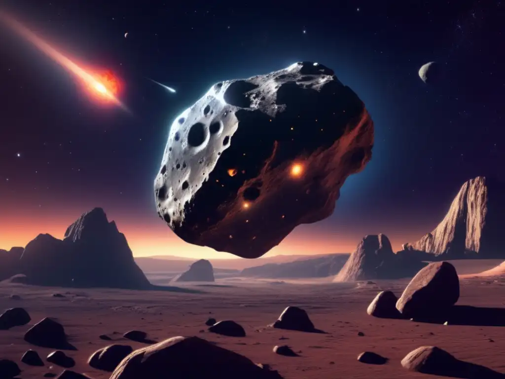 Dash: -A stunning photorealistic image captures the majesty of a colossal asteroid, hovering high above