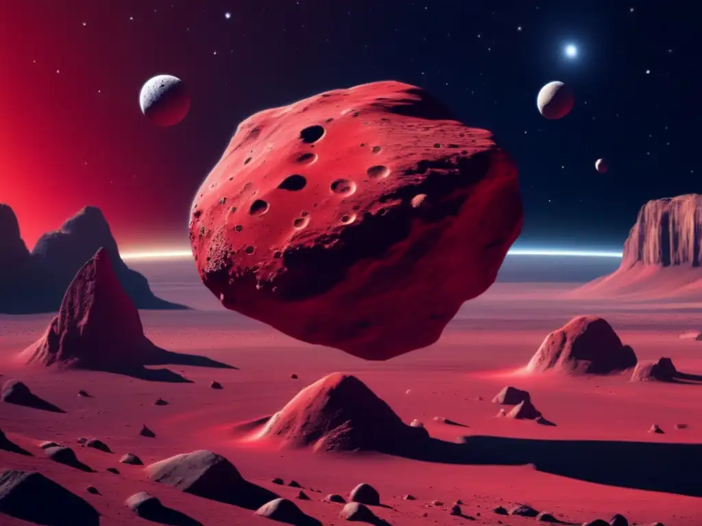 A photorealistic image of a bright, red asteroid in space with two smaller, alterist moons orbiting around it