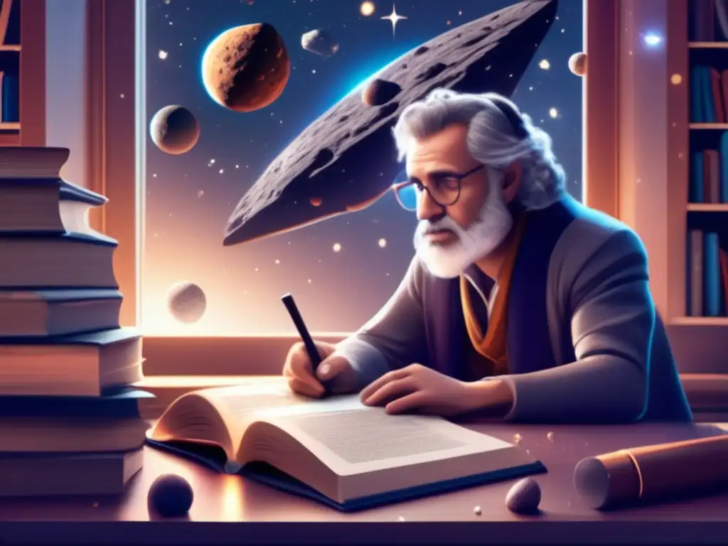 An ancient poet, engrossed in a table of celestial knowledge, gazes out at the vast asteroid field beyond