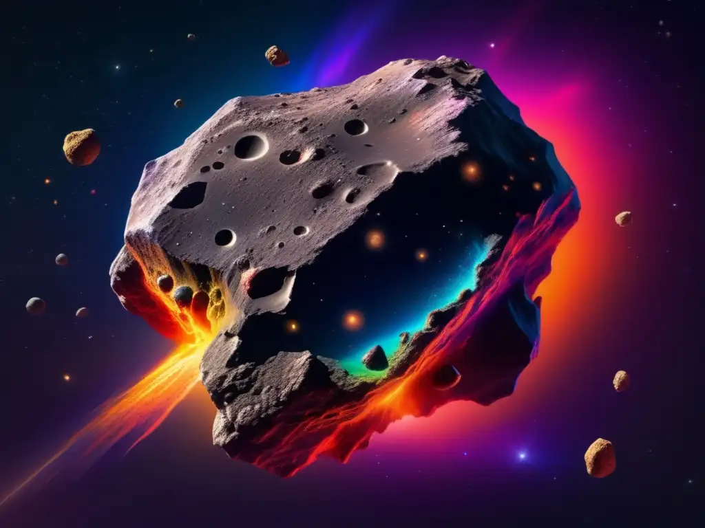A breathtaking photorealistic depiction of a thrilling cosmic adventure, featuring an asteroid that boasts jagged surfaces and numerous small craters, surrounded by a vibrant nebula bursting with rich colors, against the backdrop of an endless dark expanse, emphasizing the complexity and awe of the universe