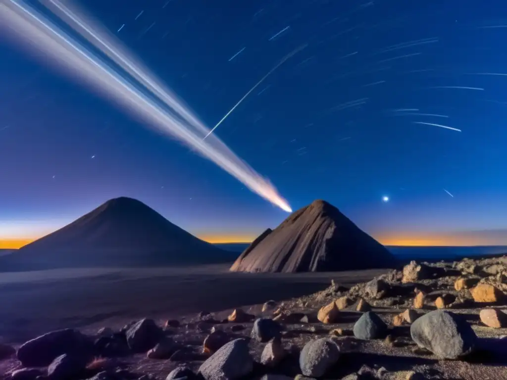 A breathtaking image of an asteroid streaking across the night sky, with a mesmerizing trail of rock and debris in its wake
