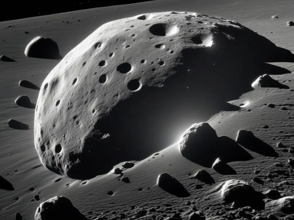 Alt text: A stunning photograph of Asteroid Nisus, with intricate grooves and indentations formed by eons of meteoroid collisions