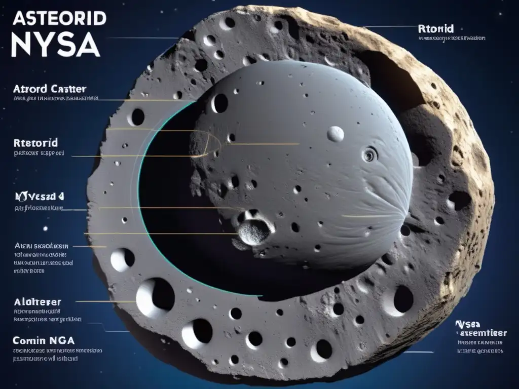 A stunning, photorealistic diagram illustrates the intricate rotational motion of the asteroid Nysa