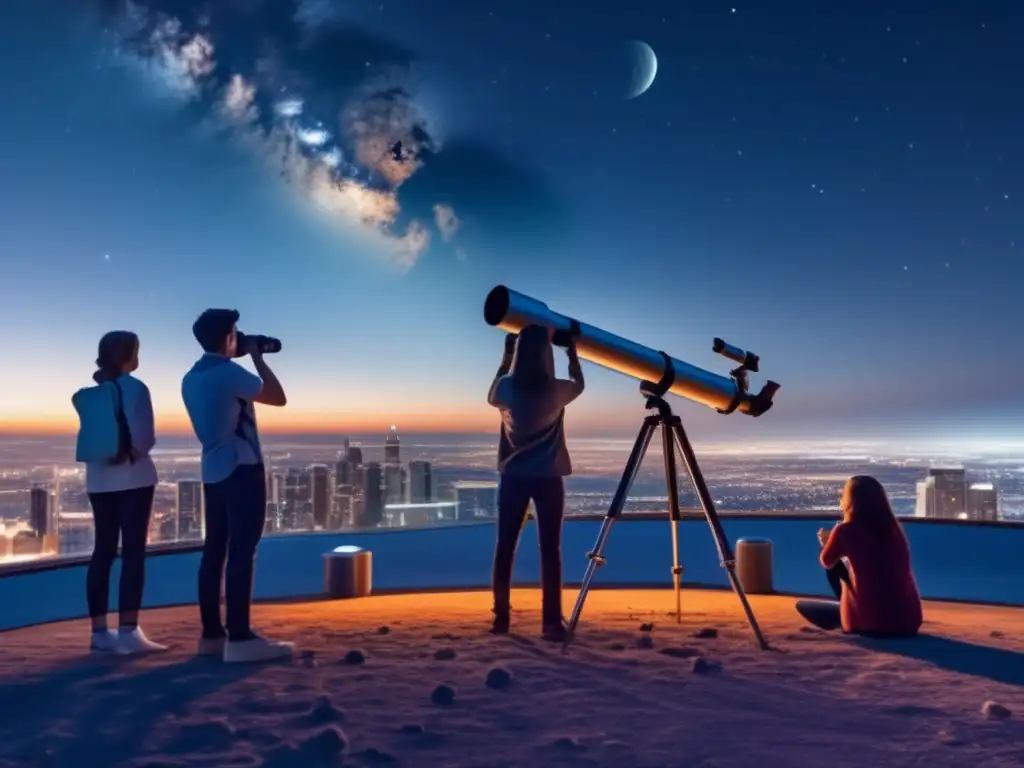 Documenting celestial wonders: Astronomy club members witness an asteroid's surface through a telescope, filling the frame in photorealistic style