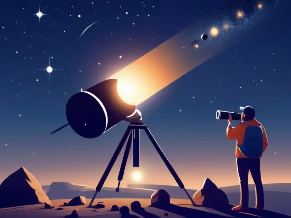 An individual peers through a telescope, focusing on a small asteroid amidst a sea of stars in this photorealistic illustration