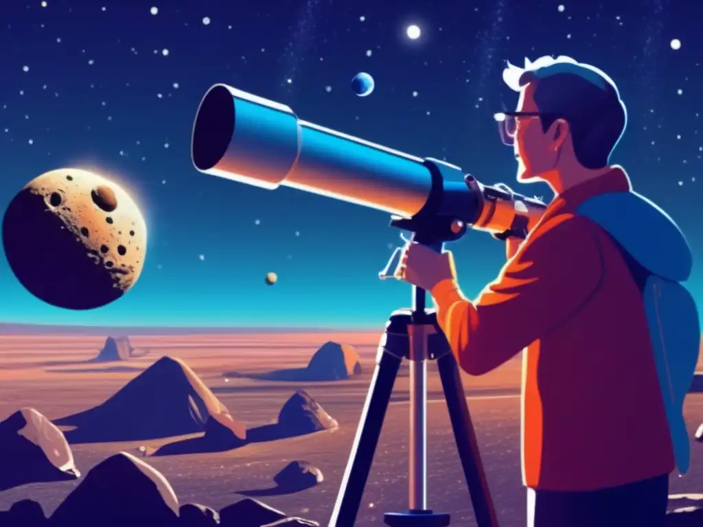 An amateur astronomer gazes up through a telescope, eyes sparkling with anticipation as they observe a distant asteroid in detail