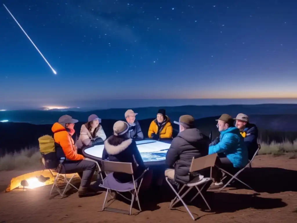 A group of enthusiasts gathered around a folding table, geared up for a star party focused on asteroid observation