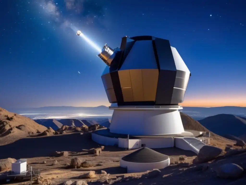 A stunning image of an asteroid observation telescope, perched atop a mountainous ridge, gazing at the vast expanse of the night sky