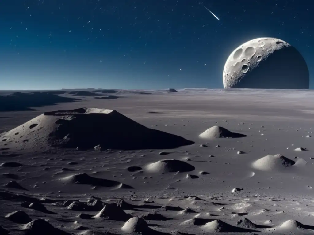 Amidst a black, star-studded sky, a perched asteroid on the moon casts long shadows over the barren landscape below