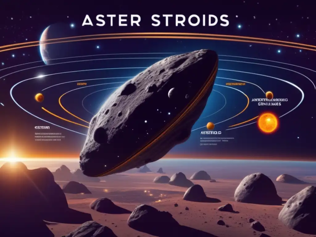 Dazzling illustration of asteroids orbiting around the sun in beautiful detail, labeled with distinct types and highlighting key aspects of their paths for accurate observation