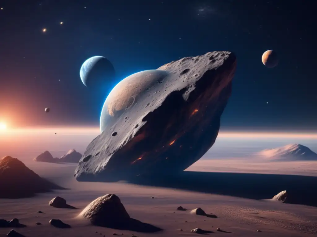 A photorealistic depiction of an asteroid, 20 kilometers wide and meticulously detailed in a celestial expanse, orbits a planet with a thin atmosphere through a sky painted deep blue with no stars visible at night