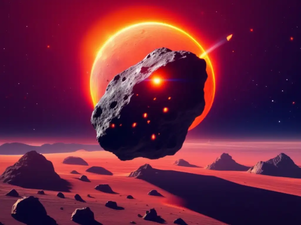 Massive asteroid orbits the sun, emitting brilliant orange and red beginnings, with arrows pointing to its historic and ominous path