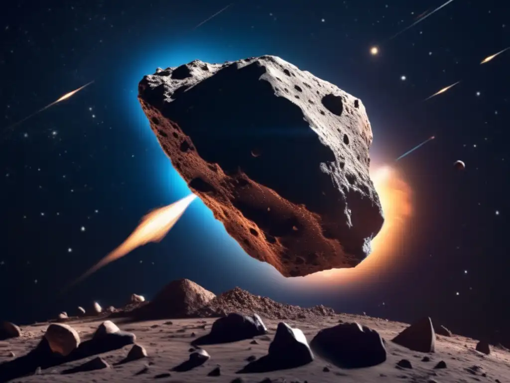 A breathtaking photorealistic portrayal of an asteroid, hurtling through the void with a trail of space debris in tow