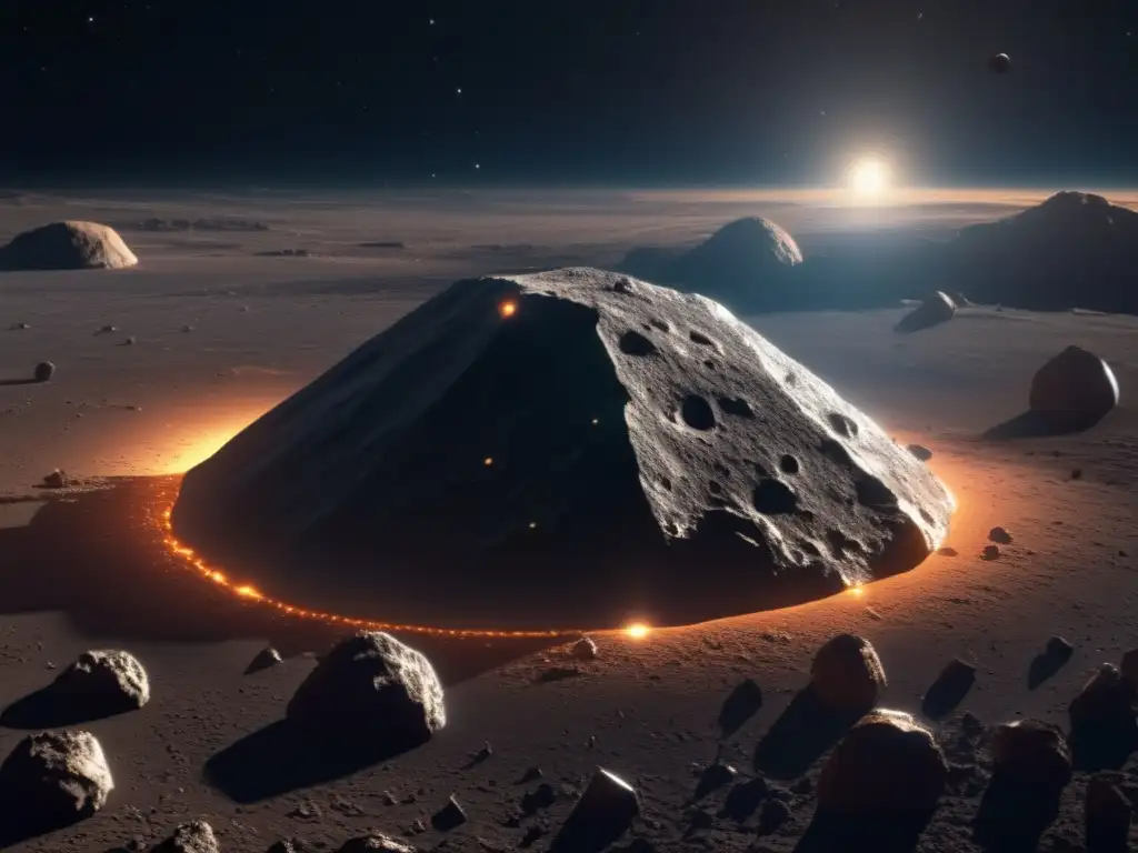 A photorealistic view of Palinurus, the unique asteroid with intricate details highlighted by a bright light source