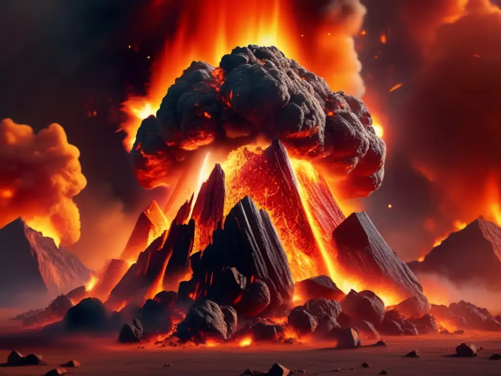 A fiery asteroid core blazes amidst flames and smoke, resembling a phoenix rising from the ashes