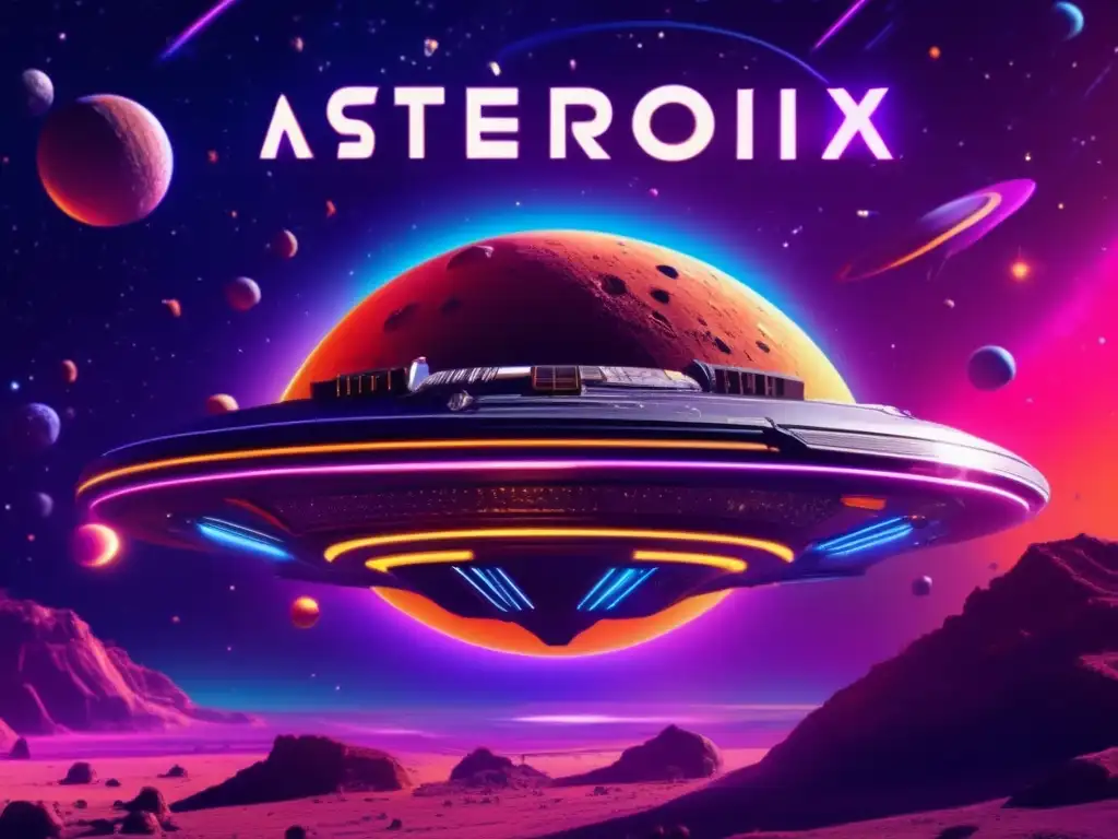 A floating asteroid spaceship, filled with intricate details of its design and structure, soars over a vibrant neon planet, bringing the Tale of Asteroid Phoenix to life