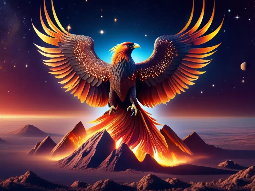 A mystical phoenix rising from an asteroid, intricately designed and dynamically rendered