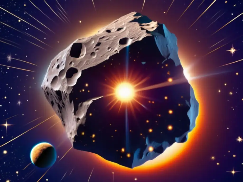 A photorealistic depiction of Asteroid Phorcys orbiting the sun, showcasing its intricate fractures and weathering through vivid colors