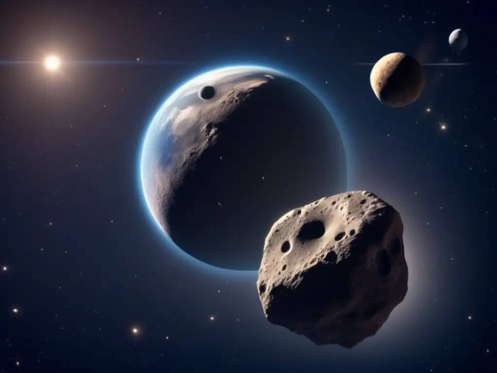 A stunning photorealistic depiction of an asteroid in orbit around Earth, with asteroid Phorcys prominently displayed in the foreground