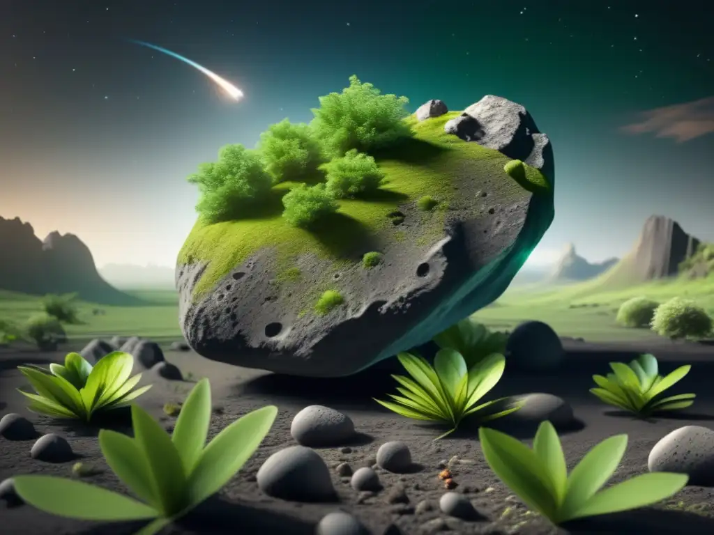 An enchanting photograph of an asteroid covered in lush vegetation creates a captivating contrast