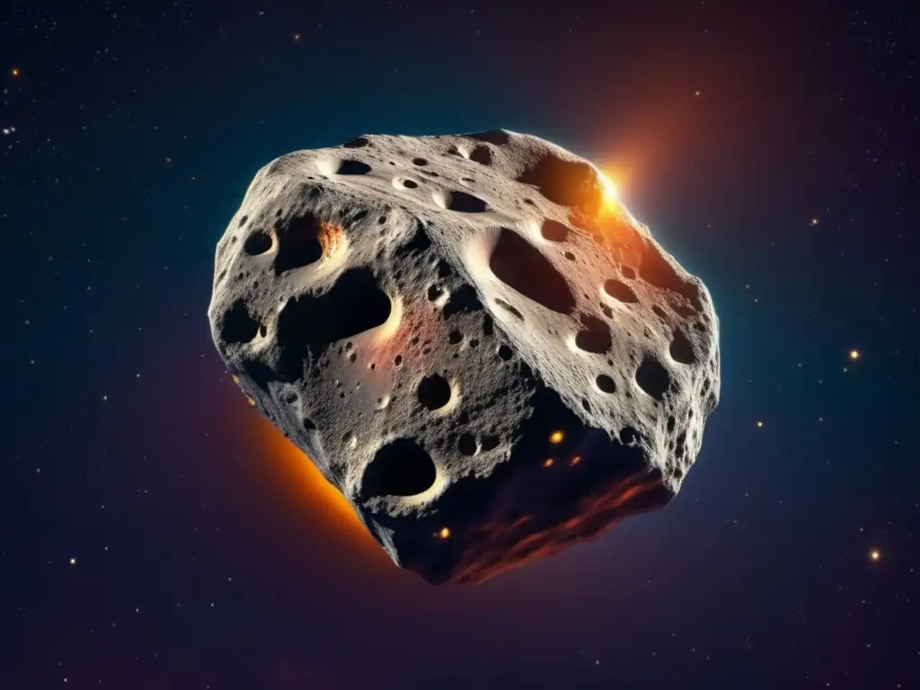 In the depths of space, a colossal asteroid stands out, its irregular shape and cratered surface captured in stunning detail