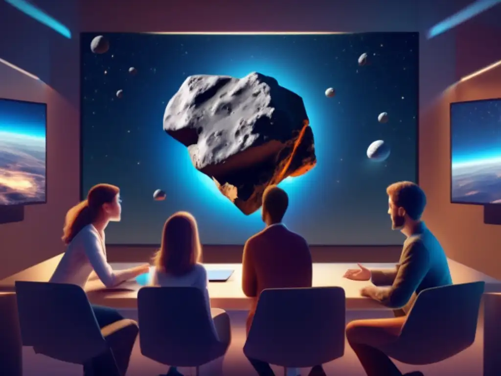 A group of professionals huddled around a computer screen, analyzing a holographic projection of an asteroid closely approaching Earth