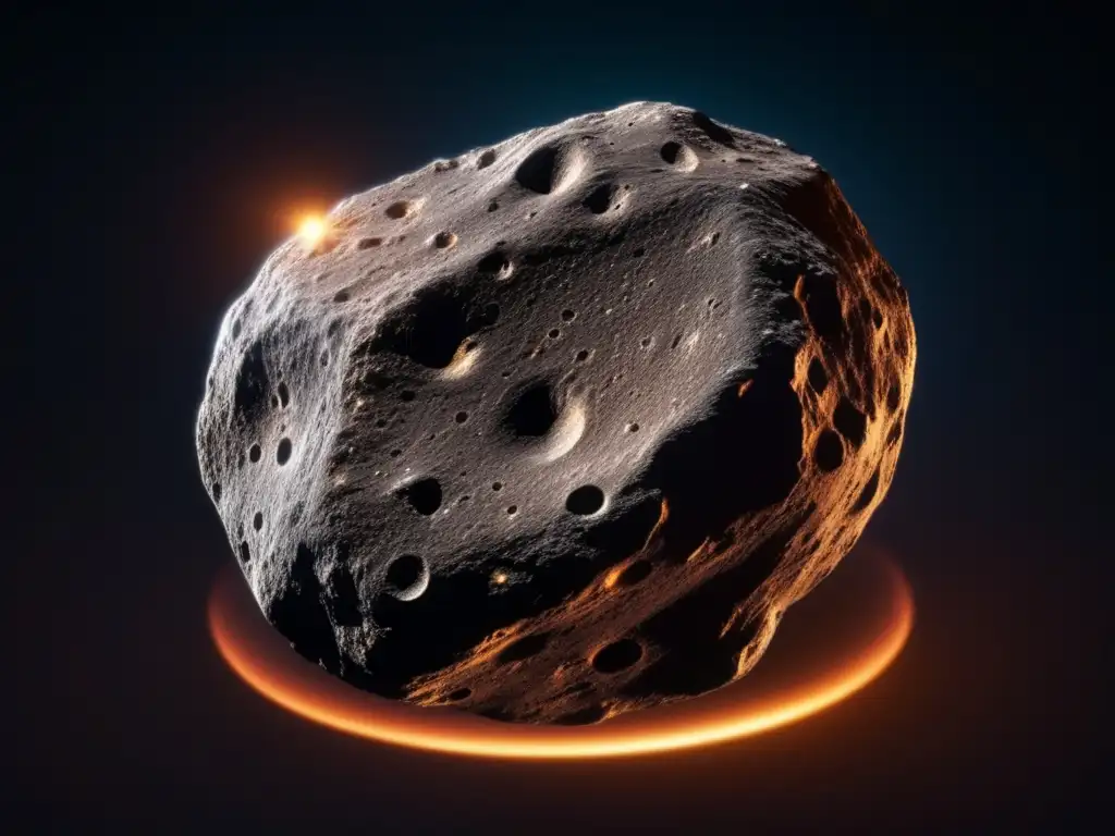 A stunning photorealistic depiction of asteroid Polyxena, boasting intricate surface textures and craters that pop out against the inky darkness of space