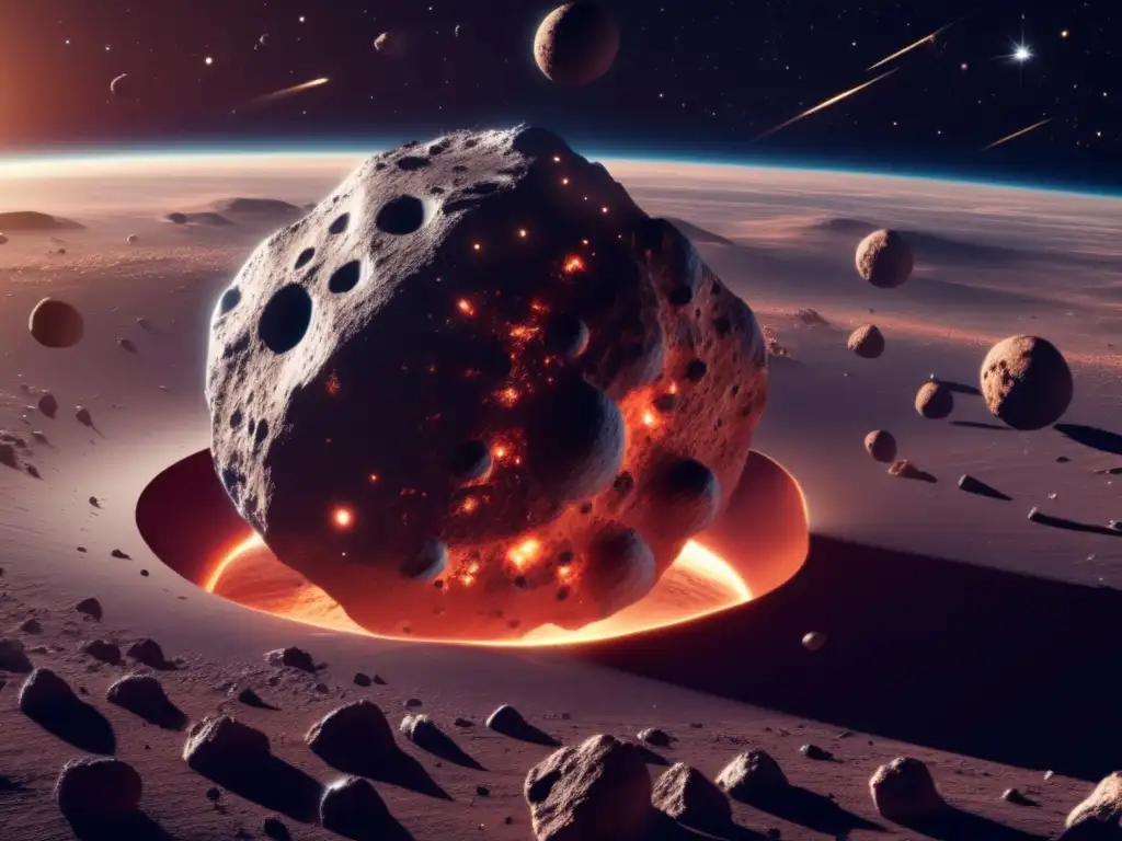 Orbiting through a barren, scarlet-hued asteroid, pulverized debris swirls in space