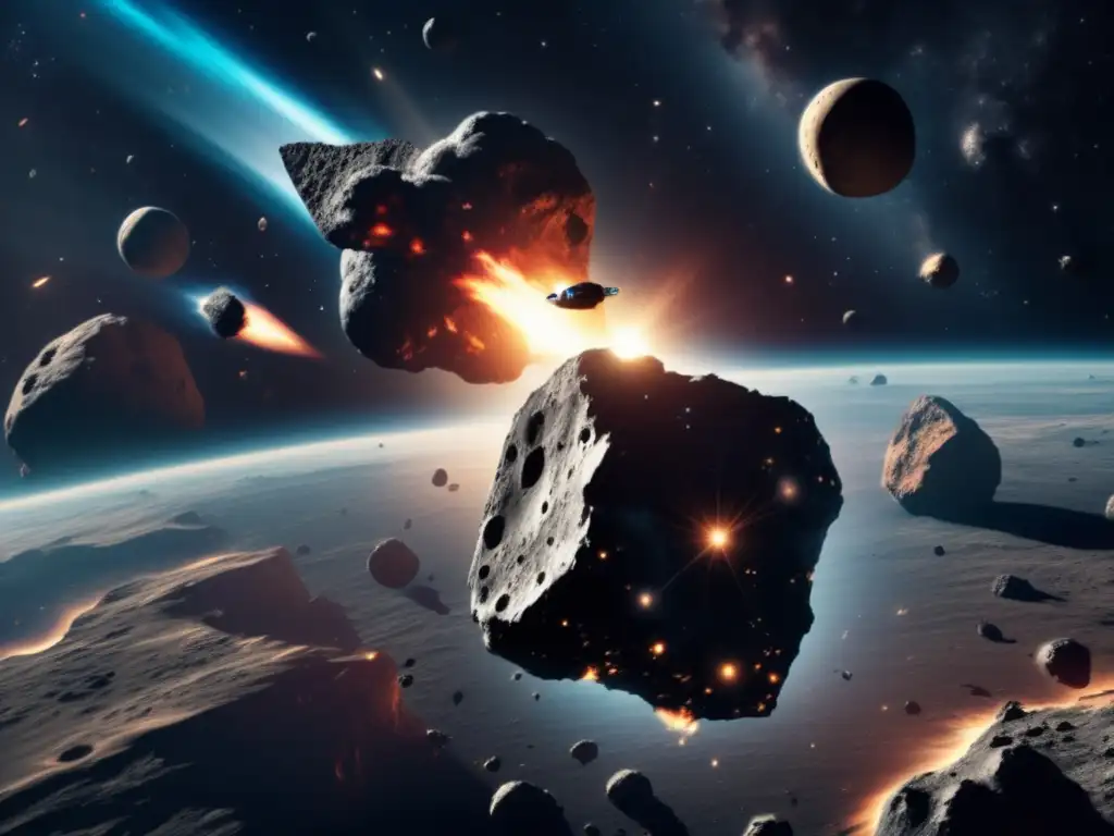 An intense photorealistic depiction of an asteroid, pursued by a spaceship, hurtling through space with irregular dark areas