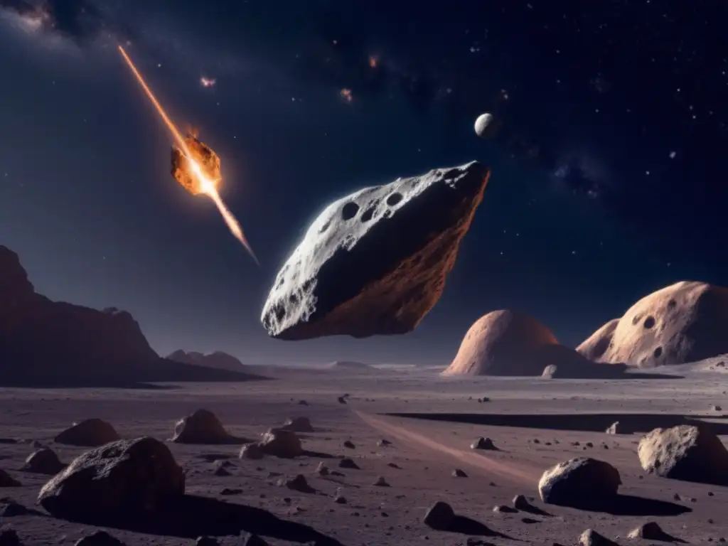 A photorealistic image of a spacecraft soaring through space, approaching a large, rocky asteroid in the distance
