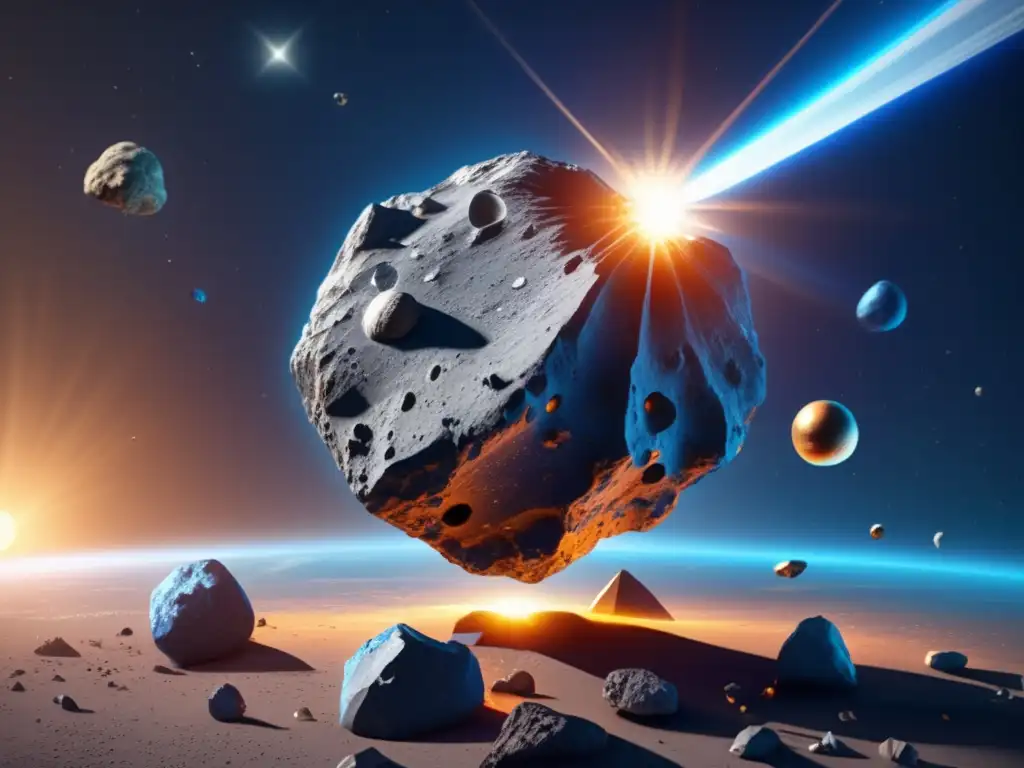 A photorealistic 3D model of an asteroid showcases potential resources to be mined, such as precious metals, water, and rare minerals