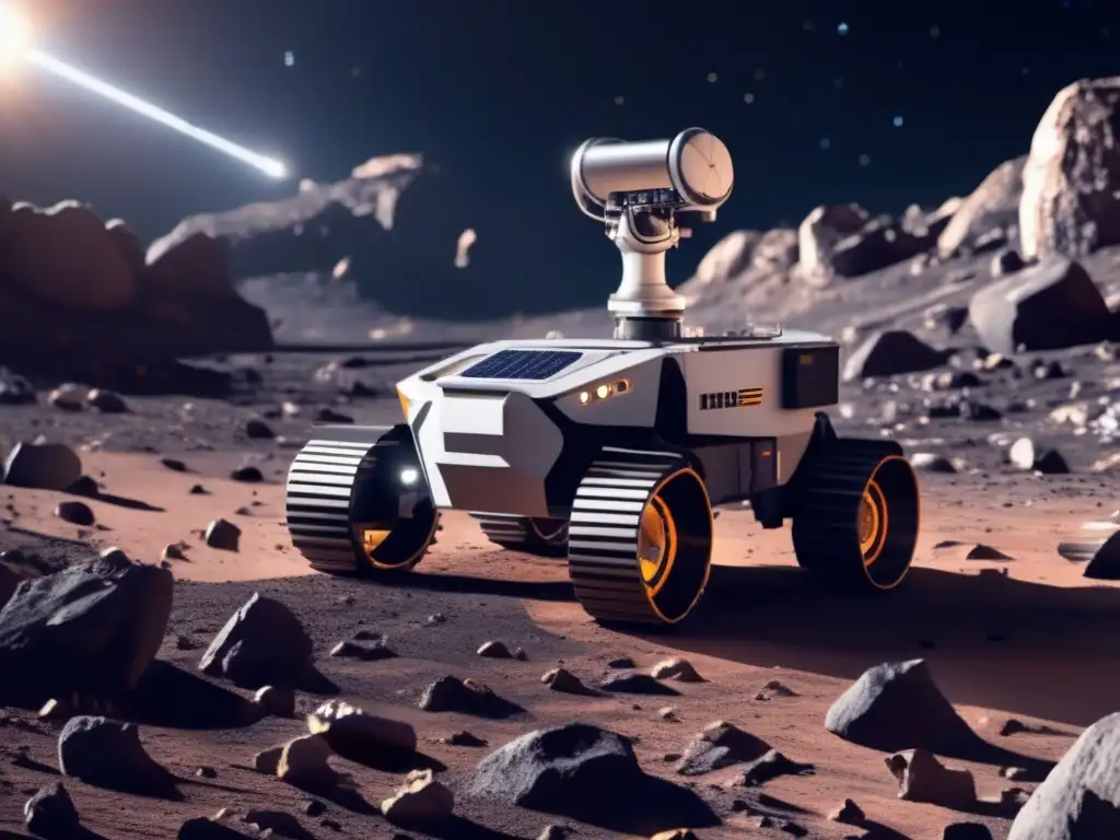 An autonomous robotic explorer roams across the rugged terrain of an asteroid in this photorealistic image