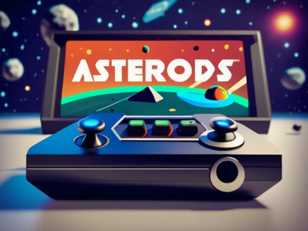 The iconic 80s Asteroids video game console, complete with vintage matte black finish, buttons, and 'Asteroids' title in bold white letters